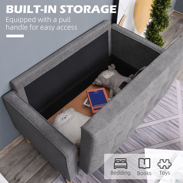 HOMCOM Modern 2 Seater Sofa with Hidden Storage, 117cm Tufted Cotton Couch, Compact Loveseat Sofa with Wood Legs, Grey