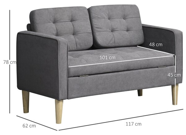 HOMCOM Modern 2 Seater Sofa with Hidden Storage, 117cm Tufted Cotton Couch, Compact Loveseat Sofa with Wood Legs, Grey