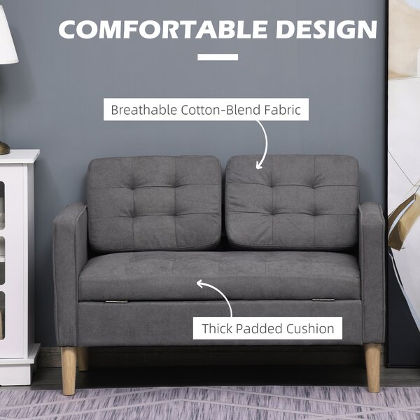 HOMCOM Modern 2 Seater Sofa with Hidden Storage, 117cm Tufted Cotton Couch, Compact Loveseat Sofa with Wood Legs, Grey