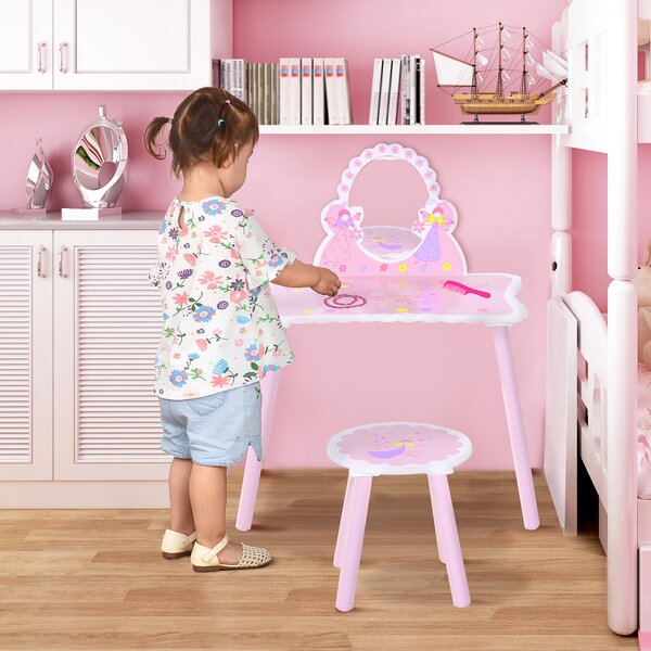 HOMCOM Kids Dressing Table Girls Pink Wooden Kids Dressing Table & Stool Make Up Desk Chair Toys Fairy Dresser Play Set w/Mirror Aosom UK