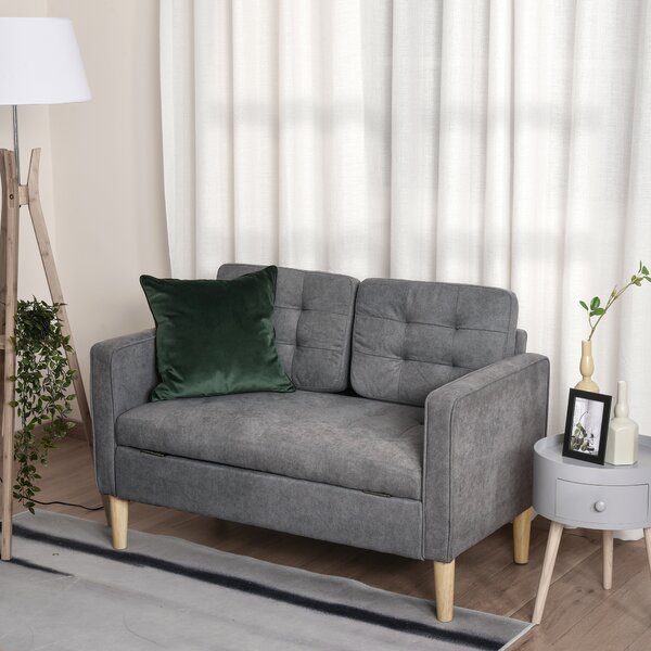 HOMCOM Modern 2 Seater Sofa with Hidden Storage, 117cm Tufted Cotton Couch, Compact Loveseat Sofa with Wood Legs, Grey