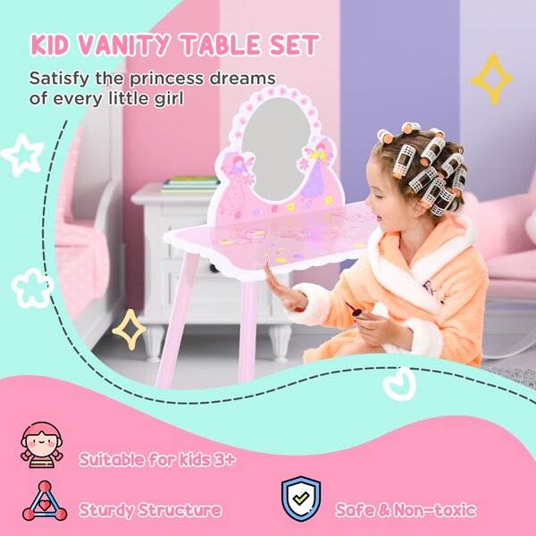 HOMCOM Kids Dressing Table Girls Pink Wooden Kids Dressing Table & Stool Make Up Desk Chair Toys Fairy Dresser Play Set w/Mirror Aosom UK