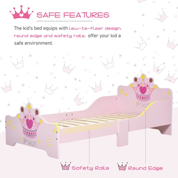 HOMCOM Kids Wooden Bed with Crown Modeling Safety Side Rails Easy to Clean Perfect Gift for Toddlers Girls Age 3 to 6 Years Old Pink Aosom UK