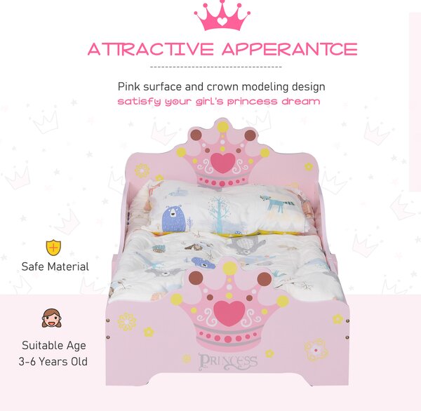 HOMCOM Kids Wooden Bed with Crown Modeling Safety Side Rails Easy to Clean Perfect Gift for Toddlers Girls Age 3 to 6 Years Old Pink Aosom UK