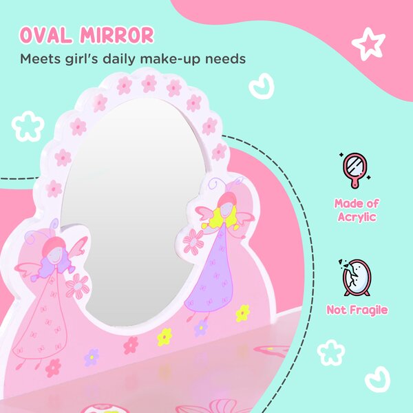 HOMCOM Kids Dressing Table Girls Pink Wooden Kids Dressing Table & Stool Make Up Desk Chair Toys Fairy Dresser Play Set w/Mirror Aosom UK