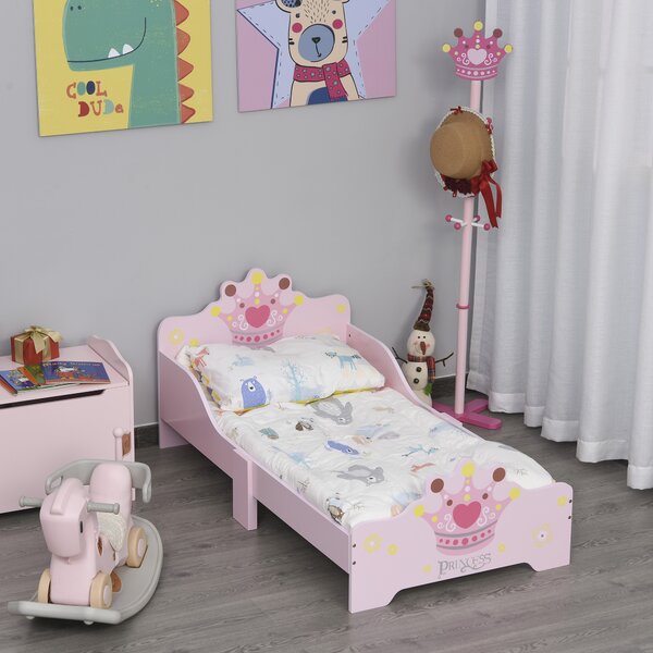 HOMCOM Kids Wooden Bed with Crown Modeling Safety Side Rails Easy to Clean Perfect Gift for Toddlers Girls Age 3 to 6 Years Old Pink Aosom UK