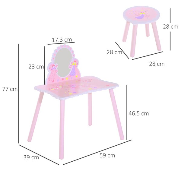 HOMCOM Kids Dressing Table Girls Pink Wooden Kids Dressing Table & Stool Make Up Desk Chair Toys Fairy Dresser Play Set w/Mirror Aosom UK