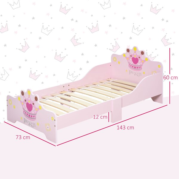 HOMCOM Kids Wooden Bed with Crown Modeling Safety Side Rails Easy to Clean Perfect Gift for Toddlers Girls Age 3 to 6 Years Old Pink Aosom UK
