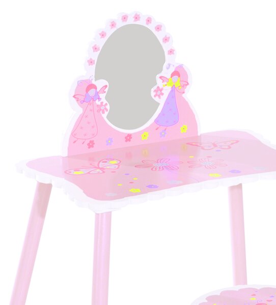HOMCOM Kids Dressing Table Girls Pink Wooden Kids Dressing Table & Stool Make Up Desk Chair Toys Fairy Dresser Play Set w/Mirror Aosom UK