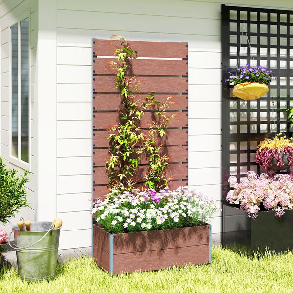 Outsunny 34 x 69.5cm Garden Planter Box, Back Trellis Design for Small Spaces, Balcony and Patio Gardening, Light Brown Aosom UK