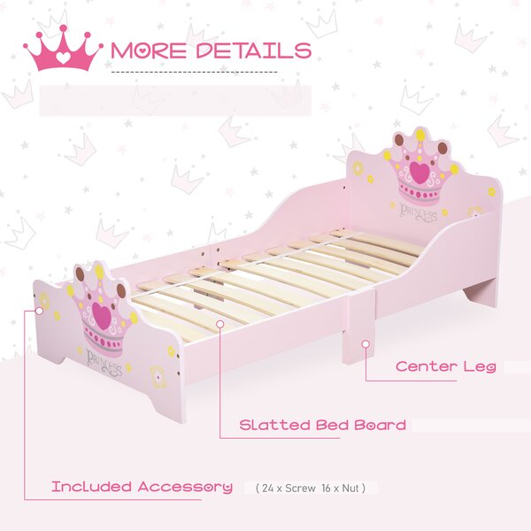 HOMCOM Kids Wooden Bed with Crown Modeling Safety Side Rails Easy to Clean Perfect Gift for Toddlers Girls Age 3 to 6 Years Old Pink Aosom UK