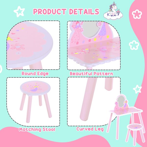 HOMCOM Kids Dressing Table Girls Pink Wooden Kids Dressing Table & Stool Make Up Desk Chair Toys Fairy Dresser Play Set w/Mirror Aosom UK
