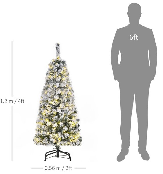 HOMCOM 4ft Prelit Artificial Snow Flocked Christmas Tree with Warm White LED Light, Holiday Home Xmas Decoration, Green White Aosom UK