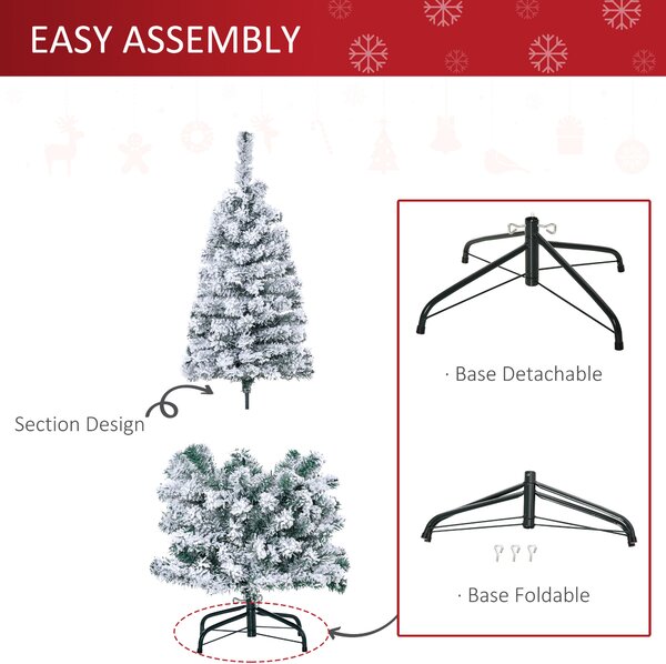 HOMCOM 4ft Prelit Artificial Snow Flocked Christmas Tree with Warm White LED Light, Holiday Home Xmas Decoration, Green White Aosom UK