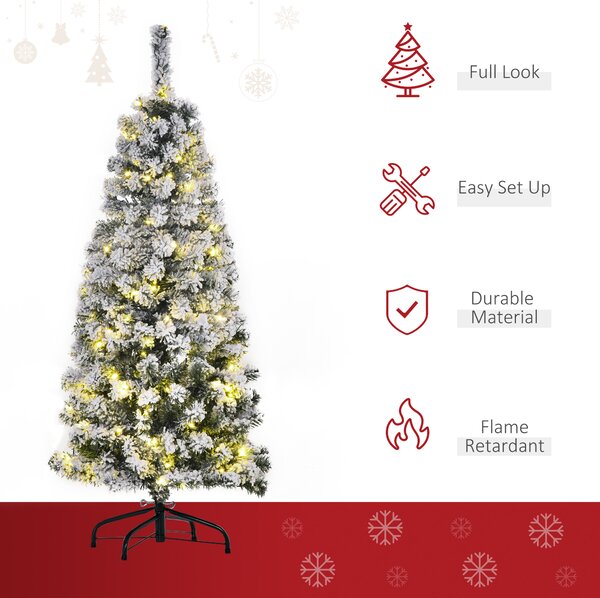 HOMCOM 4ft Prelit Artificial Snow Flocked Christmas Tree with Warm White LED Light, Holiday Home Xmas Decoration, Green White Aosom UK