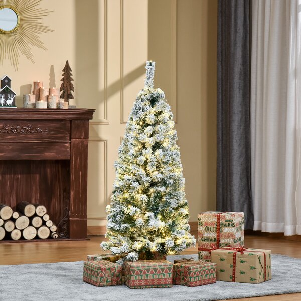HOMCOM 4ft Prelit Artificial Snow Flocked Christmas Tree with Warm White LED Light, Holiday Home Xmas Decoration, Green White Aosom UK