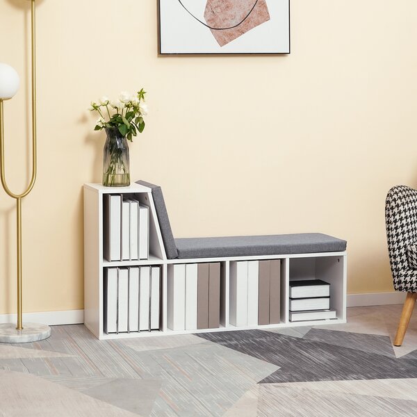 HOMCOM Storage Shelf with Cushioned Reading Seat, Bookshelf Storage Cabinet for Study Living Room, White Aosom UK