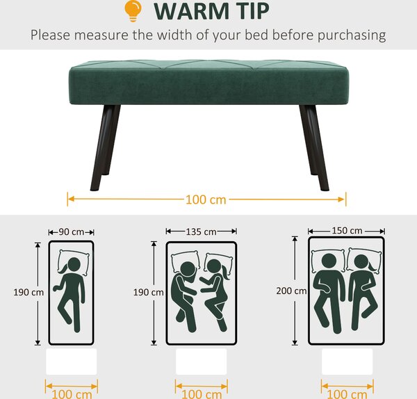 HOMCOM Bedroom Bench Shoe Bench with Soft Cushion, Velvet Upholstery, Steel Legs, for Entryway & Window Seat Storage, Green Aosom UK