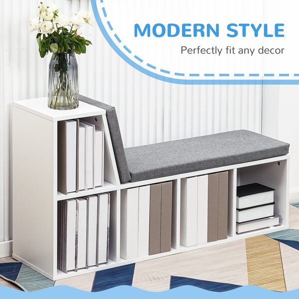 HOMCOM Storage Shelf with Cushioned Reading Seat, Bookshelf Storage Cabinet for Study Living Room, White Aosom UK