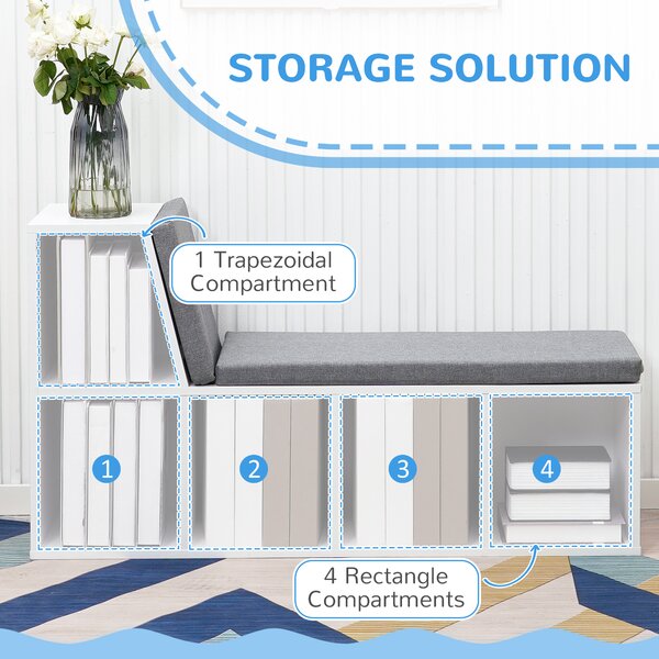 HOMCOM Storage Shelf with Cushioned Reading Seat, Bookshelf Storage Cabinet for Study Living Room, White Aosom UK