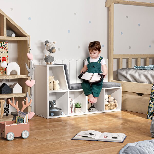 HOMCOM Storage Shelf with Cushioned Reading Seat, Bookshelf Storage Cabinet for Study Living Room, White Aosom UK