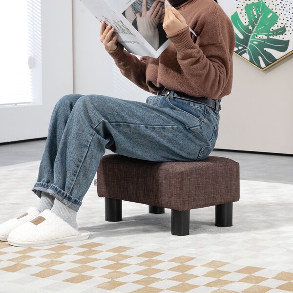 HOMCOM Compact Linen Fabric Ottoman, Modern Footstool Cube with Durable Plastic Legs, Living Room, Brown Aosom UK