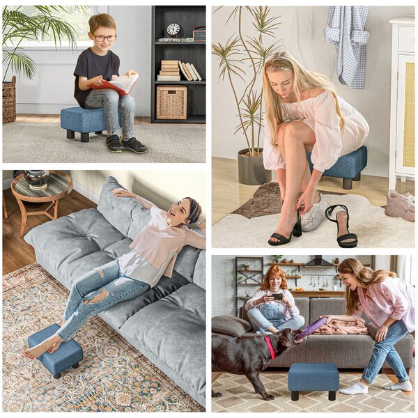 HOMCOM Linen Fabric Ottoman Footstool, Cube Design with 4 Plastic Legs, Comfortable Seating, Blue Aosom UK