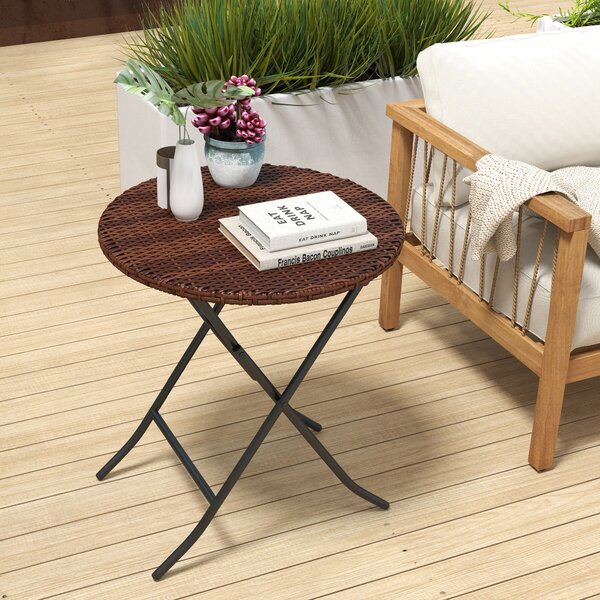 Outsunny Foldable PE Rattan Outdoor Coffee Table, Metal Frame Wicker Round Side Table, Coffee Table Side Table for Garden, Mixed Brown Aosom UK