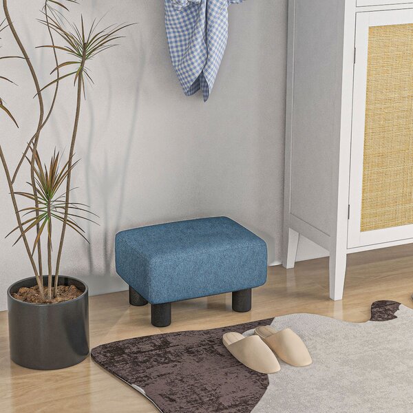 HOMCOM Linen Fabric Ottoman Footstool, Cube Design with 4 Plastic Legs, Comfortable Seating, Blue Aosom UK