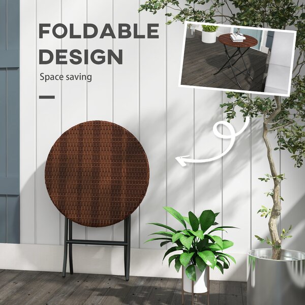 Outsunny Foldable PE Rattan Outdoor Coffee Table, Metal Frame Wicker Round Side Table, Coffee Table Side Table for Garden, Mixed Brown Aosom UK