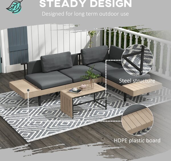 Outsunny 3-Piece L Shaped Garden Sofa Set with Sofa, Table, Cushions, HDPE, Garden Furniture Set for Poolside, Patio