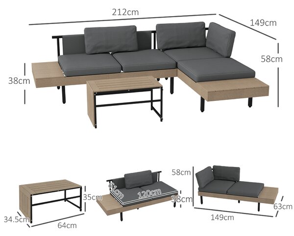 Outsunny 3-Piece L Shaped Garden Sofa Set with Sofa, Table, Cushions, HDPE, Garden Furniture Set for Poolside, Patio