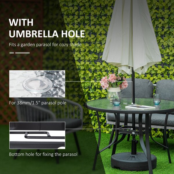 Outsunny 106cm Round Garden Dining Table with Parasol Hole Tempered Glass Top Steel Frame Aosom UK