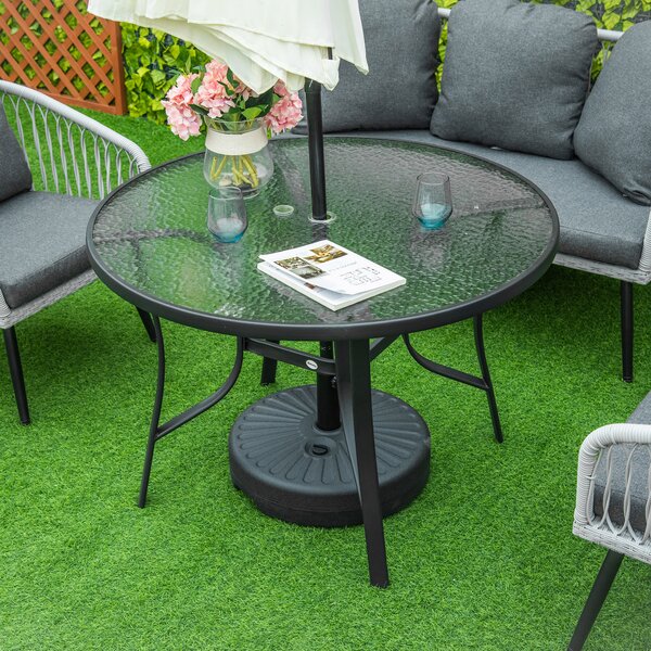 Outsunny 106cm Round Garden Dining Table with Parasol Hole Tempered Glass Top Steel Frame Aosom UK
