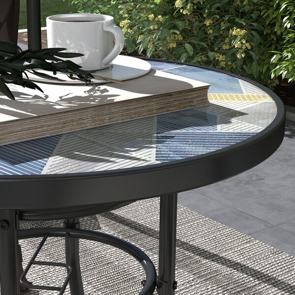 Outsunny Garden Table with Tempered Glass Top, Printed Design, Steel Frame, for Porch, Multicolour Aosom UK