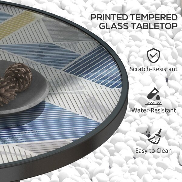 Outsunny Garden Table with Tempered Glass Top, Printed Design, Steel Frame, for Porch, Multicolour Aosom UK