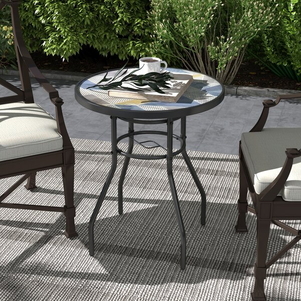 Outsunny Garden Table with Tempered Glass Top, Printed Design, Steel Frame, for Porch, Multicolour Aosom UK