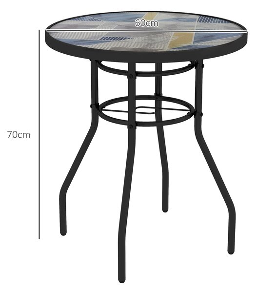 Outsunny Garden Table with Tempered Glass Top, Printed Design, Steel Frame, for Porch, Multicolour Aosom UK
