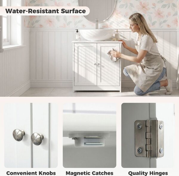 Kleankin Under-Sink Organiser: Space-Saving Storage with Adjustable Shelf, Handles & Drain Hole for Bathrooms, White Aosom UK
