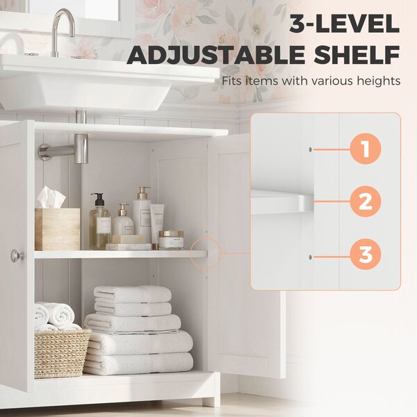 Kleankin Under-Sink Organiser: Space-Saving Storage with Adjustable Shelf, Handles & Drain Hole for Bathrooms, White Aosom UK