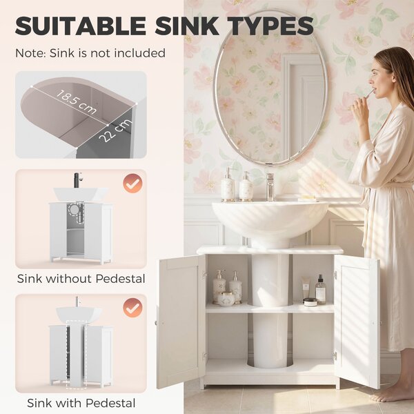 Kleankin Under-Sink Organiser: Space-Saving Storage with Adjustable Shelf, Handles & Drain Hole for Bathrooms, White Aosom UK