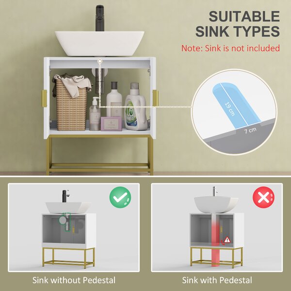 Kleankin Bathroom Mirror Cabinet Under Sink Storage Cabinet Basin Cupboard with 2 Doors and Gold Steel Legs Aosom UK