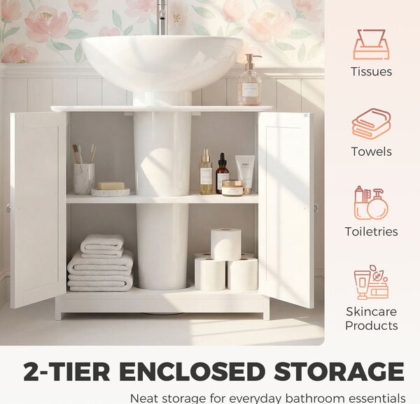 Kleankin Under-Sink Organiser: Space-Saving Storage with Adjustable Shelf, Handles & Drain Hole for Bathrooms, White Aosom UK