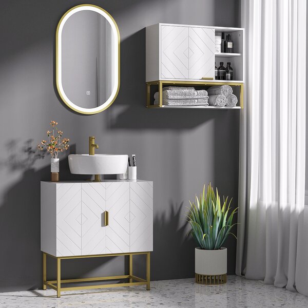 Kleankin Bathroom Mirror Cabinet Under Sink Storage Cabinet Basin Cupboard with 2 Doors and Gold Steel Legs Aosom UK