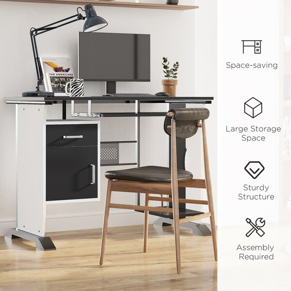 HOMCOM Computer Desk with Sliding Keyboard Tray Storage Drawers and Host Box Shelf Home Office Workstation (Black) Aosom UK