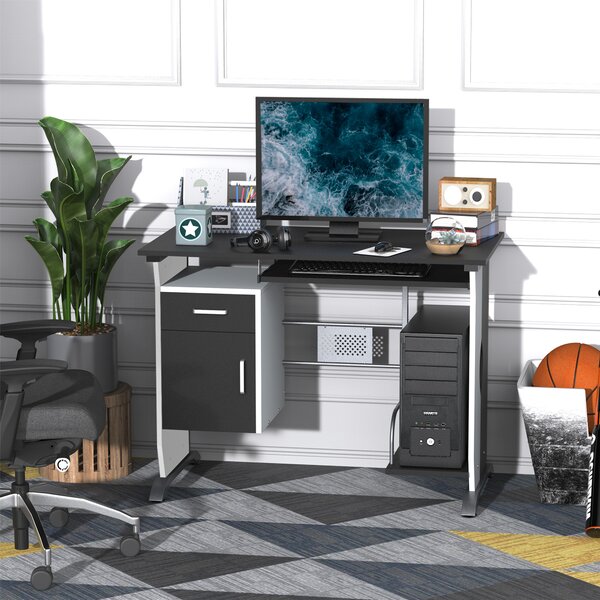 HOMCOM Computer Desk with Sliding Keyboard Tray Storage Drawers and Host Box Shelf Home Office Workstation (Black) Aosom UK