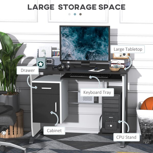 HOMCOM Computer Desk with Sliding Keyboard Tray Storage Drawers and Host Box Shelf Home Office Workstation (Black) Aosom UK
