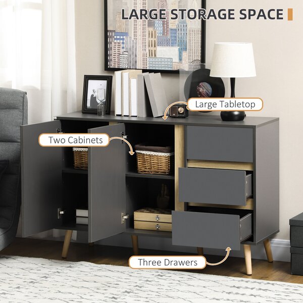 HOMCOM Sideboard, Modern Kitchen Cupboard with Double Doors and 3 Drawers, Adjustable Shelves for Living Dining Room, Dark Grey Aosom UK