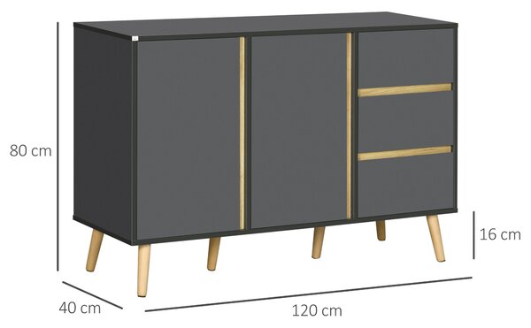 HOMCOM Sideboard, Modern Kitchen Cupboard with Double Doors and 3 Drawers, Adjustable Shelves for Living Dining Room, Dark Grey Aosom UK