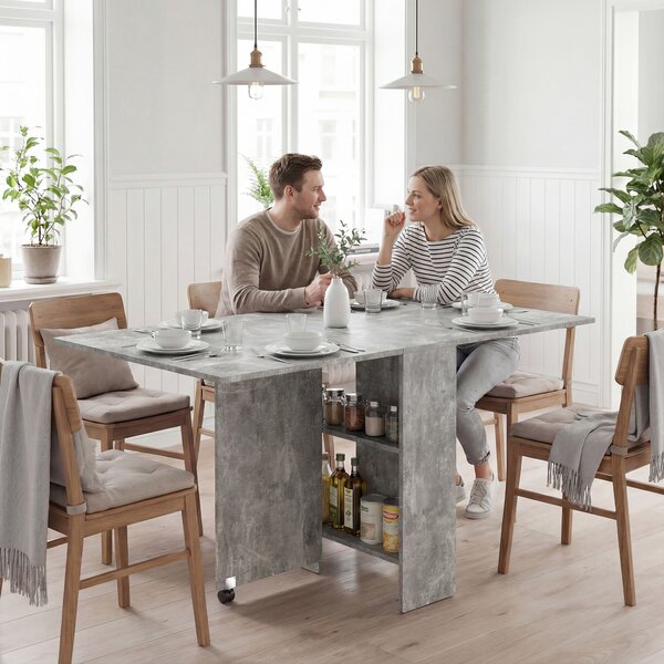 HOMCOM Folding Kitchen Table, Drop Leaf Dining Table for Small Spaces w/ 2-tier Shelves, Kitchen Table w/ Rolling Casters, Cement Grey Aosom UK